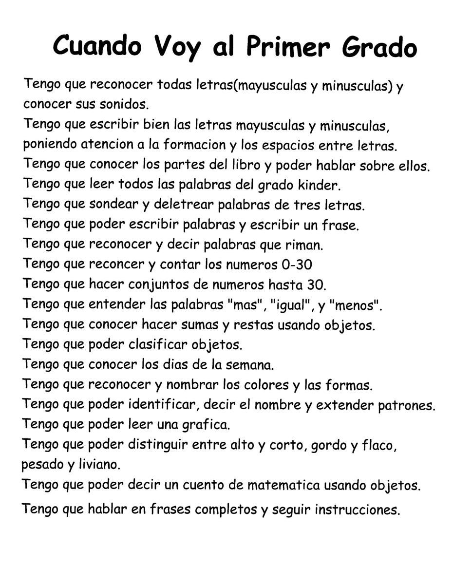 Kinder Goals Spanish 